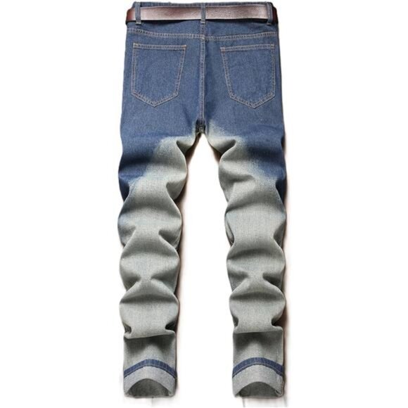 Men's Ripped Jeans Regular Fit Distressed Slim Straight Leg Stacked Biker - Picture 2 of 6